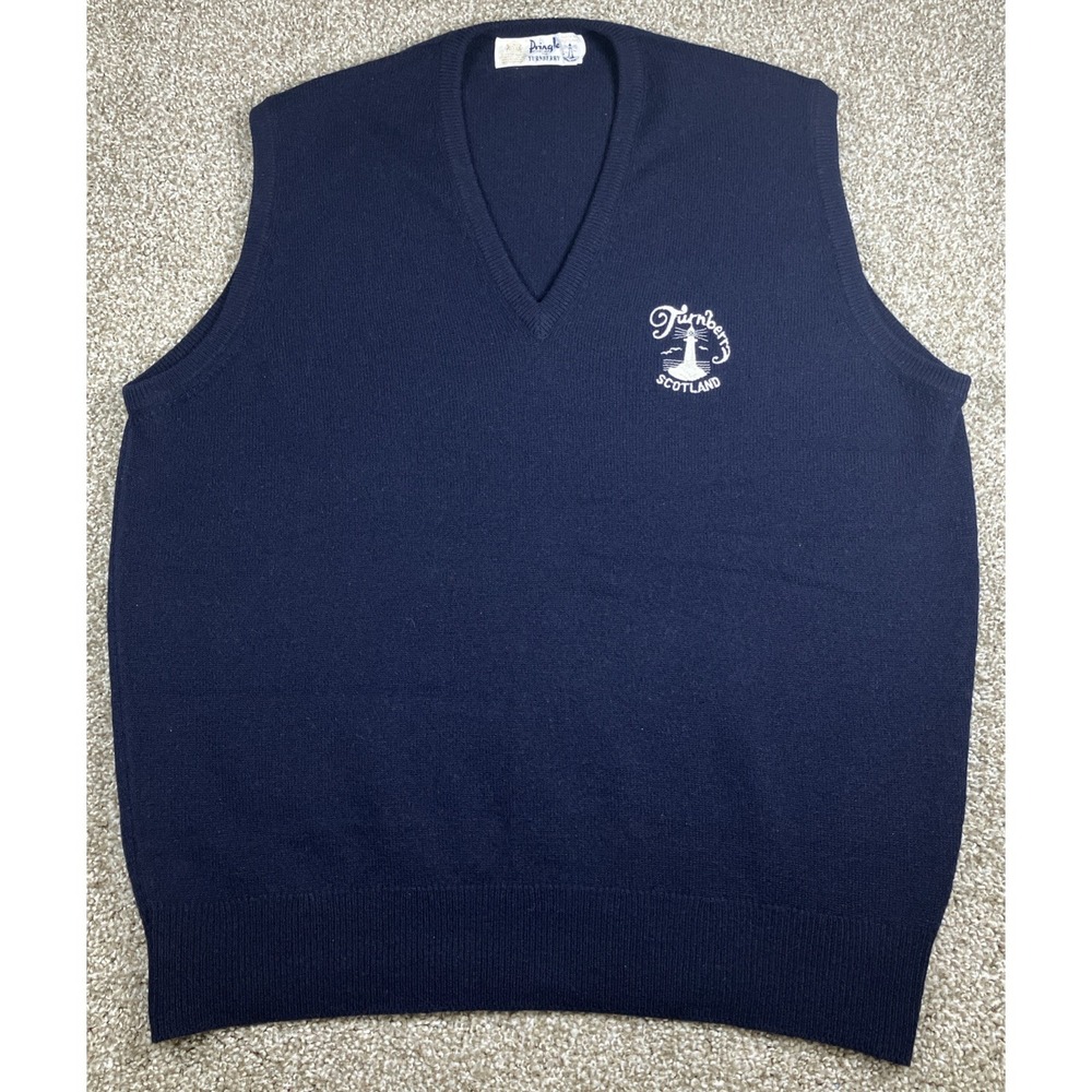 Pringle Turnberry Scotland Golf Logo Lambswool Sweater Vest Size 46 Navy Blue